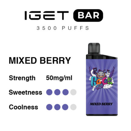 Iget Bar Logo with 3500 Puffs Text Left and a Purple-vape Device on the Right Flavor Mixed Berry with 50 Mgml Strength and Rating Dots for Sweetness and Coolness - Australia E-cigarette Store