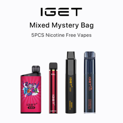 Iget Mixed Mystery Bag a Collage of Four Nicotine-free Vape Devices pink Cartoon Design Red Slim Black Tall Blue Tall with the Header Text Above - Australia E-cigarette Store