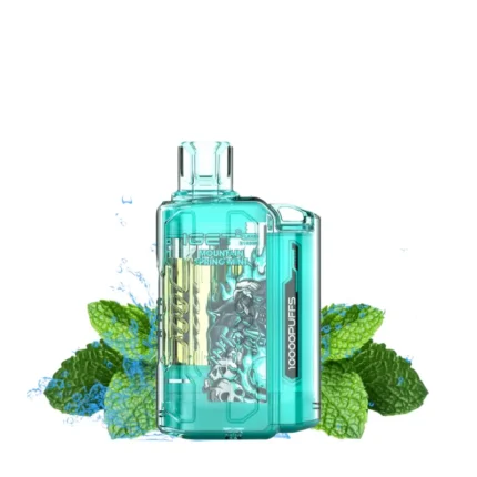 Turquoise Vape Mod with Mint Flavor Bottle Surrounded by Fresh Mint Leaves - Australia E-cigarette Store