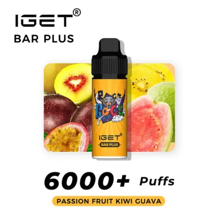 Iget Bar Plus Vape Bottle Against a Fruit Collage Flavor Passion Fruit Kiwi Guava 6000+ Puffs - Australia E-cigarette Store