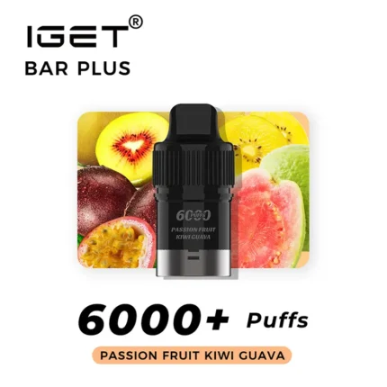 Iget Bar Plus Vape Device Centered on a Fruit Collage passion Fruit Kiwi Guava with 6000+ Puffs and Flavor Badge Reading Passion Fruit Kiwi Guava - Australia E-cigarette Store