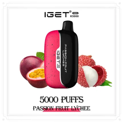 Iget K5000 Disposable Vape Pink and Black Passion Fruit Lychee Flavor Shown with Passion Fruit and Lychee Fruits - Australia E-cigarette Store