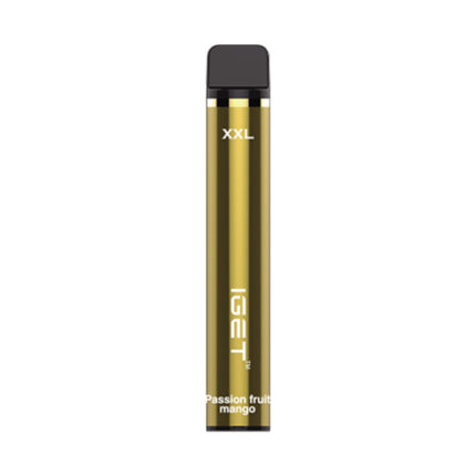 Gold vape pen with black mouthpiece, XXL branding, flavor text 'passion fruit mango' at the bottom.