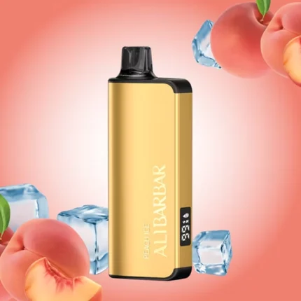 Gold Vape Device Standing Upright with a Black Mouthpiece Labeled Peach Ice and Allibar on Its Side Set Against a Peach Gradient with Peaches and Ice Cubes Around It - Australia E-cigarette Store