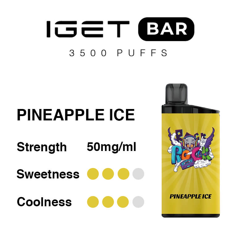 Iget Bar Pineapple Ice Disposable Vape 50 Mgml with Sweetness and Coolness Rated 34 Yellow Cartoon Can on the Right - Australia E-cigarette Store