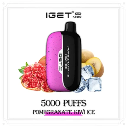 Iget Disposable Vape pink and Black with 5000 Puffs Flavor Pomegranate Kiwi Ice Shown with Pomegranate Kiwi and Ice Cubes - Australia E-cigarette Store
