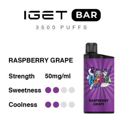 Iget Bar Raspberry Grape Disposable Vape 50 Mgml with Sweetness and Cooling Indicators Device Shown on the Right - Australia E-cigarette Store