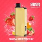 Gold Disposable Vape with Black Mouthpiece Side Label Reads chupa Strawberry All Bar Surrounded by Strawberries and Fruit Splashes on a Pink Background - Australia E-cigarette Store
