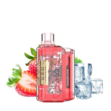 Pink Vape Device with Strawberry Flavor Cartridge Beside Fresh Strawberries and Ice Cubes - Australia E-cigarette Store