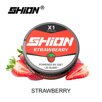 Shion X1 Strawberry Tin with Bold Red Label Strawberry Graphics and the Word Strawberry Below It - Australia E-cigarette Store