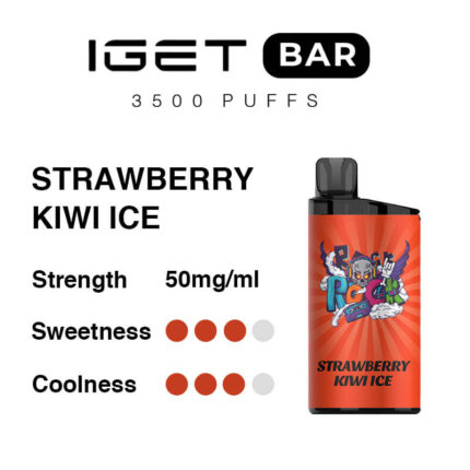 Product Label for Iget Bar 3500 Puffs Flavor Strawberry Kiwi Ice 50 Mgml Includes Sweetness and Coolness Ratings and a Red Device Image on the Right - Australia E-cigarette Store