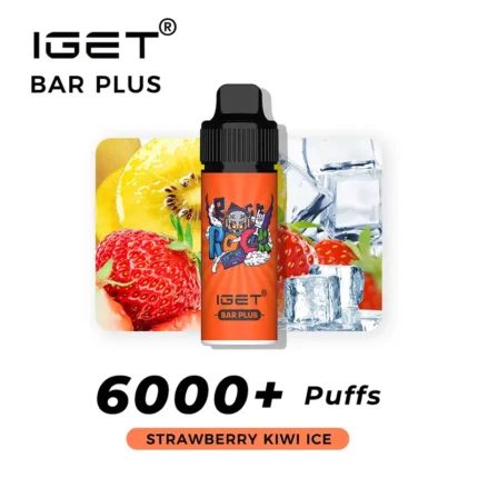 Iget Bar Plus Vape Bottle Centered in Front of Strawberry and Ice Imagery with 6000+ Puffs and Flavor strawberry Kiwi Ice Text - Australia E-cigarette Store