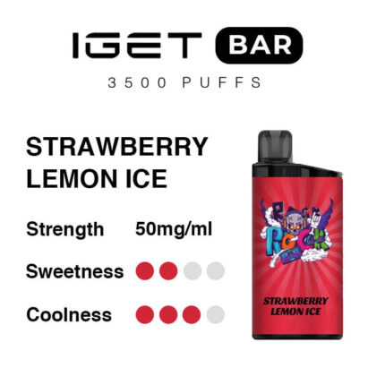 Iget Bar 3500 Puffs Strawberry Lemon Ice E-cigarette Can with Flavor Ratings Strength 50 Mgml Sweetness 24 Red Dots Coolness 34 Red Dots Device Image on the Right - Australia E-cigarette Store