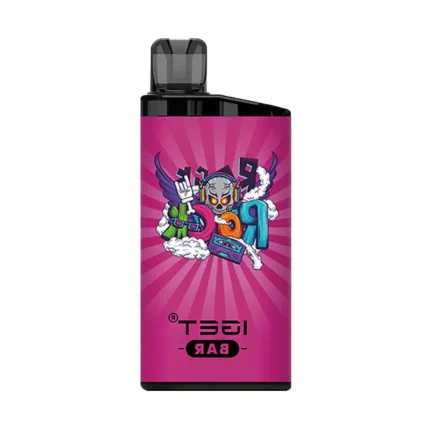 Pink Vape Mod with a Black Mouthpiece Featuring a Cartoon Robot Graphic Against a Radial Pink Background with Clouds and Cassette Imagery - Australia E-cigarette Store