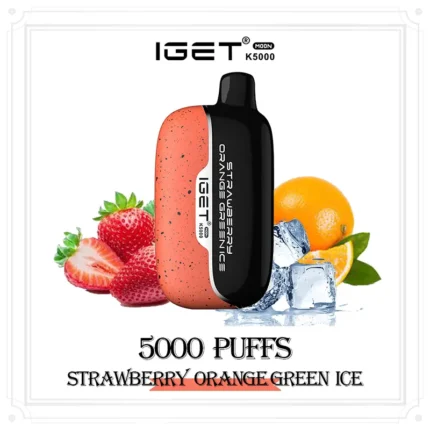Iget Moon K5000 Disposable Vape in Peach-black Design Flavor Strawberry Orange Green Ice Shown with Strawberries Orange and Ice Cubes for 5000 Puffs - Australia E-cigarette Store