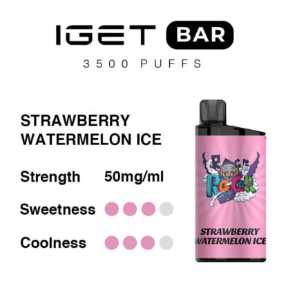 IGET BAR 3500 PUFFS label with flavor Strawberry Watermelon Ice and a pink vape device shown on the right; strength 50 mg/mL, sweetness and coolness rated with pink dots on left.