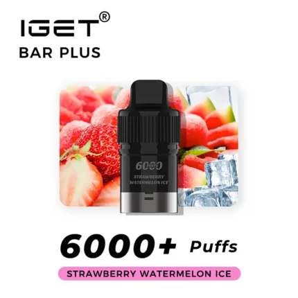 Iget Bar Plus Vape Pod with Flavor Strawberry Watermelon Ice Set Against Fruit and Ice Background Highlighting 6000+ Puffs - Australia E-cigarette Store