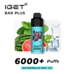 Iget Bar Plus E-liquid Bottle Centered with Watermelon Mint Leaves and Ice in the Background Text Reads 6000+ Puffs and watermelon Mint Ice - Australia E-cigarette Store
