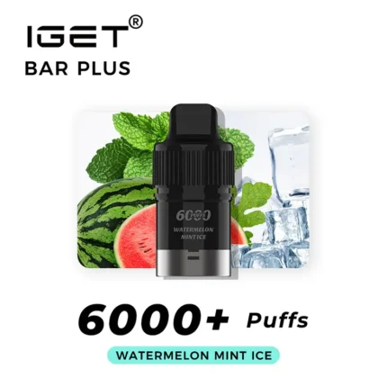 IGET Bar Plus disposable vape with watermelon and mint visuals; flavor Watermelon Mint Ice, 6000+ puffs