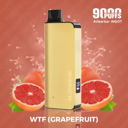 Gold Vape Device Standing Upright with a Small Display on the Side Flanked by Halved Grapefruits on a Pink Background with the Caption wtf grapefruit - Australia E-cigarette Store